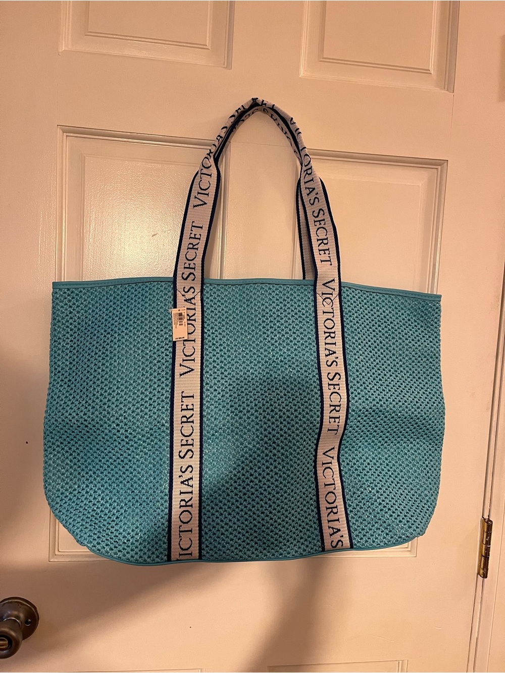 Victoria's Secret Teal Woven Tote with Logo Straps